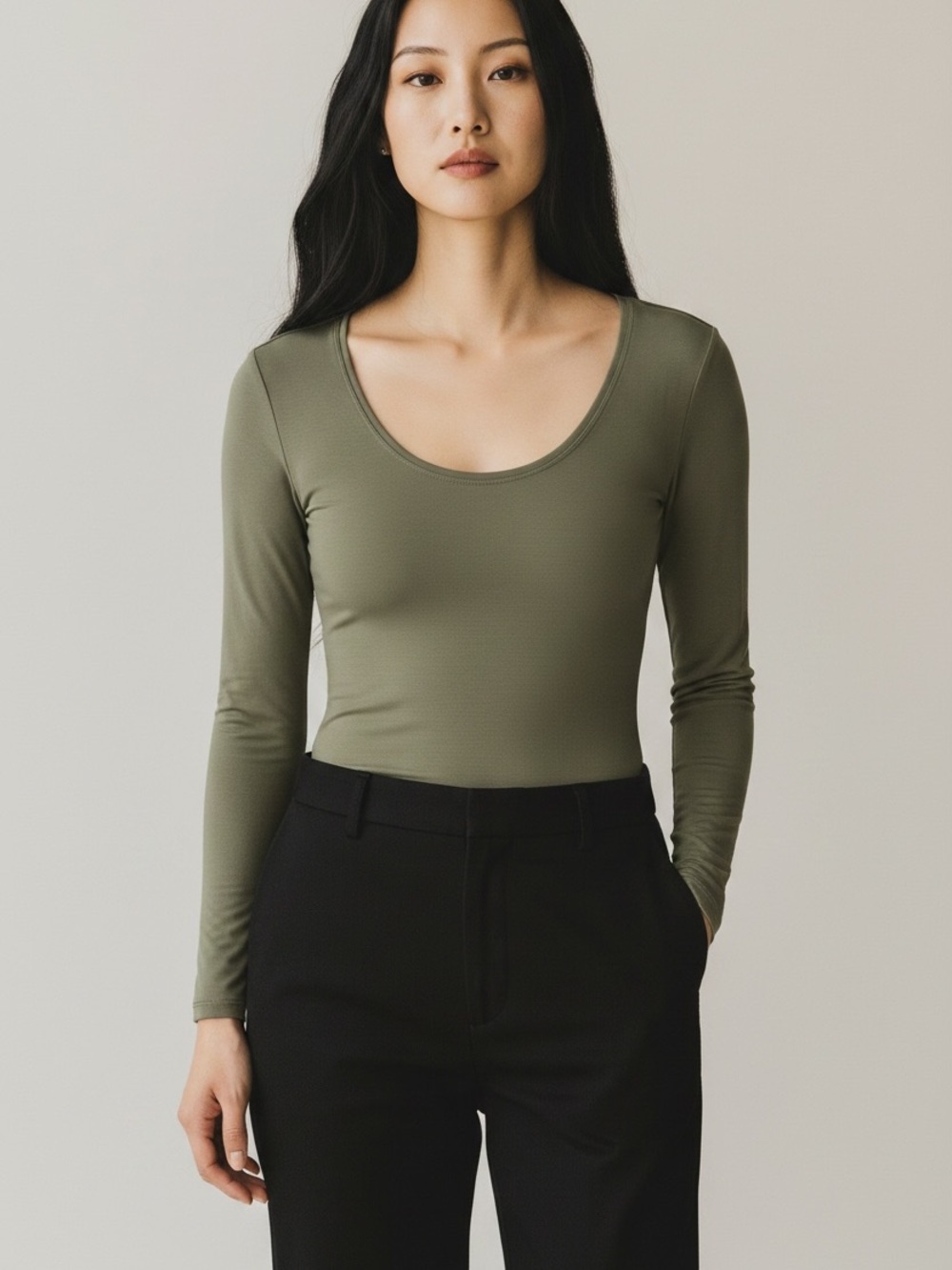 SPANX Scoop Neck Long Sleeve Top in Olive Green